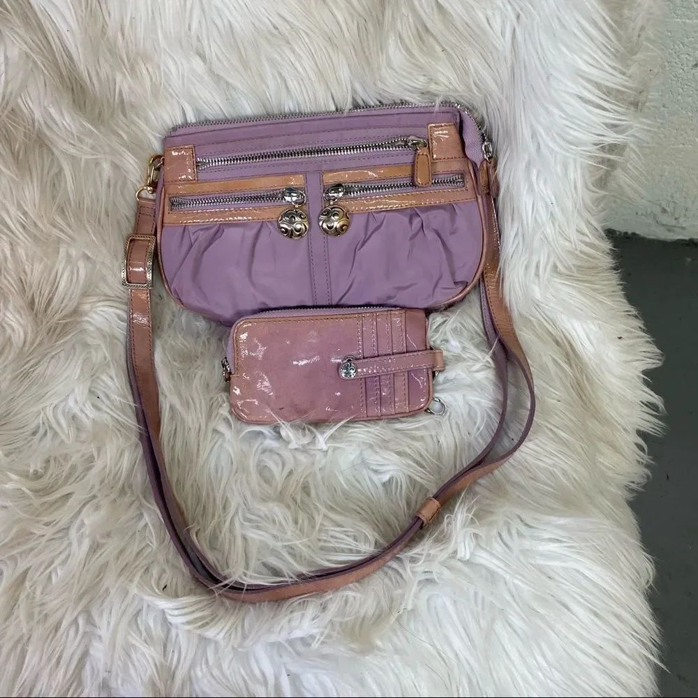 Brighton Lavender Purple Pink Nylon Leather Crossbody Bag Matching Wallet